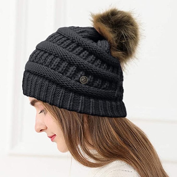 Dark Gray Knit Criss Cross Ponytail Pom Pom Beanie with Mask Buttons - Picture 2 of 15